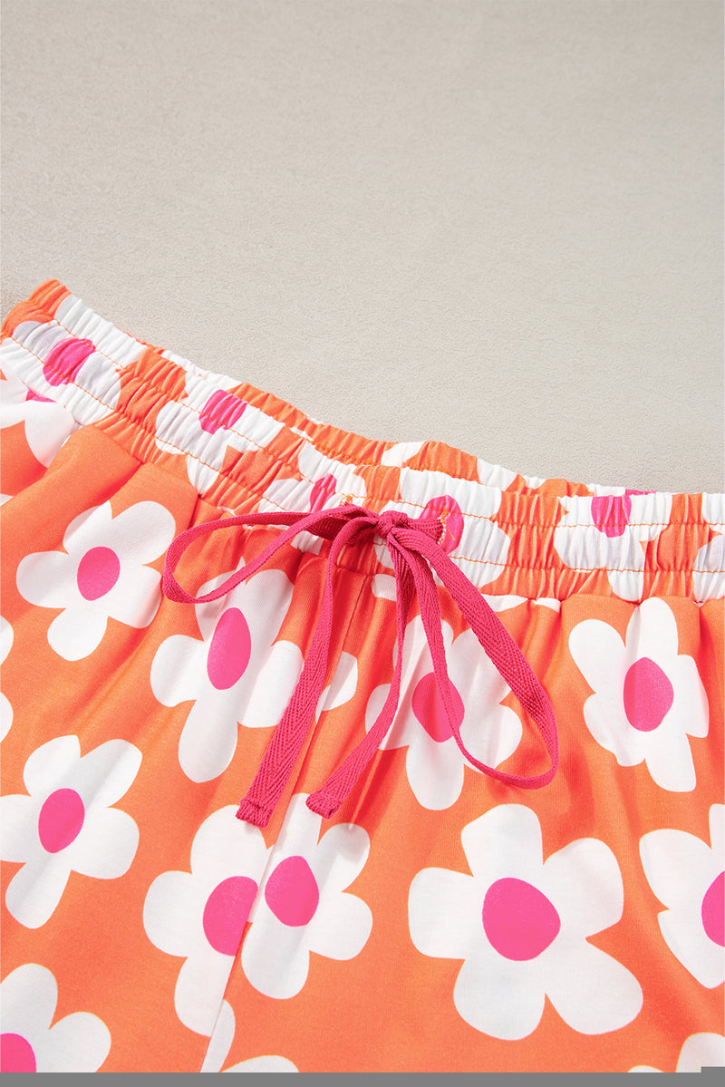 Orange Flower Print Short Sleeve Shirt Pajamas Set