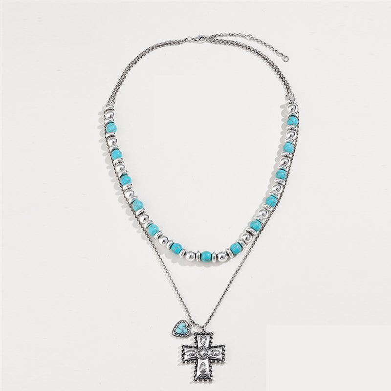 Artificial Turquoise Beaded Double-Layered Cross Necklace