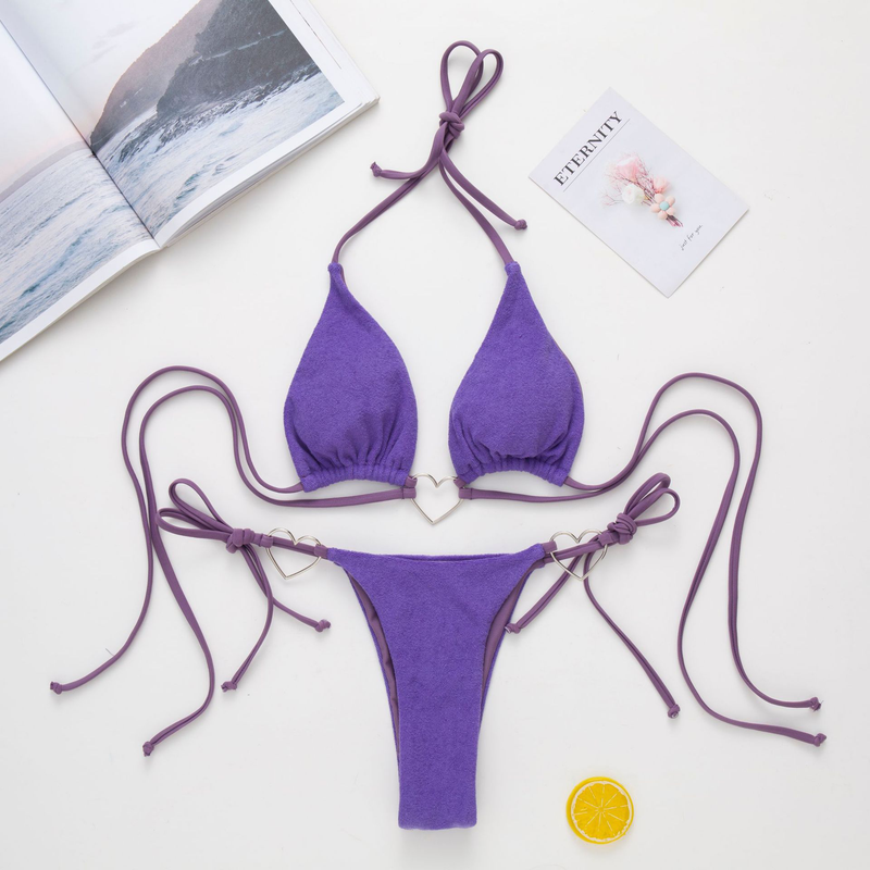 Women's Solid Color Heart Buckle Lace-up Bikini Set