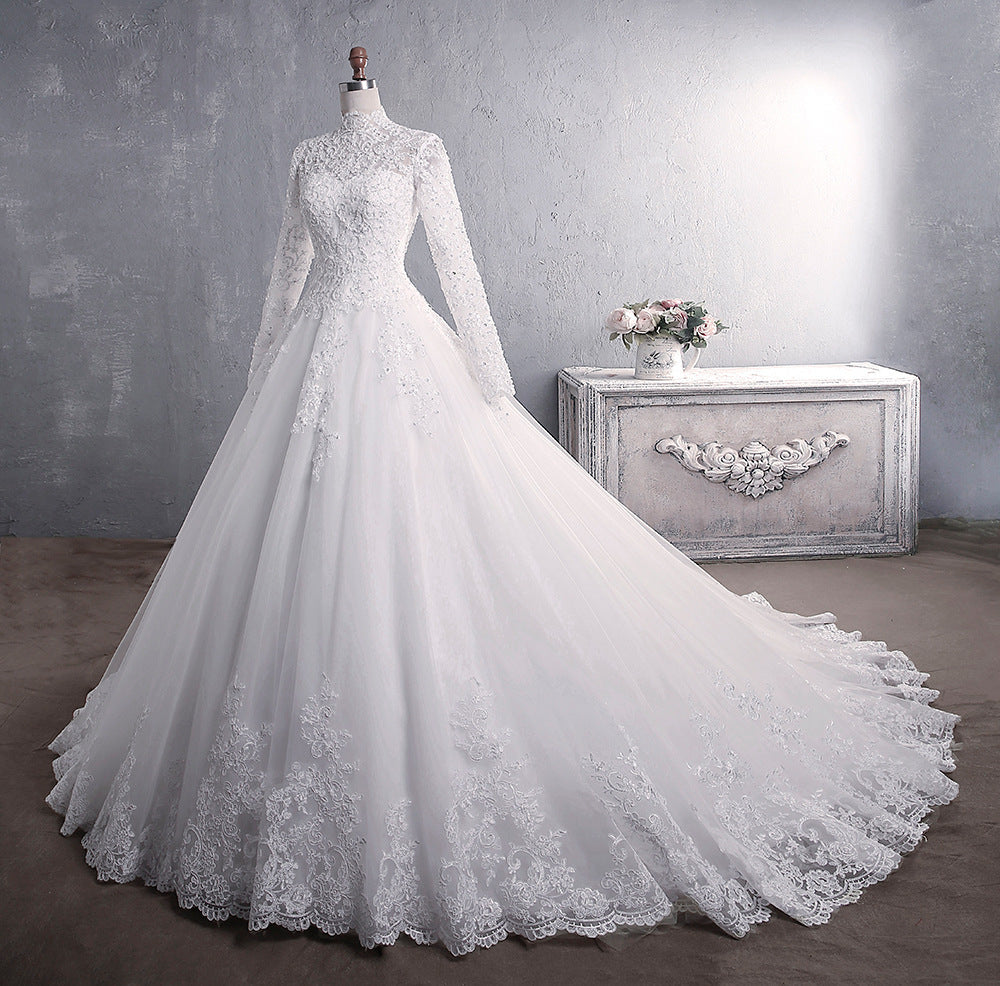Lace Wedding Dress Bridal Stand-up Collar Long-sleeved Large Tail Larg, image size:1000x986
