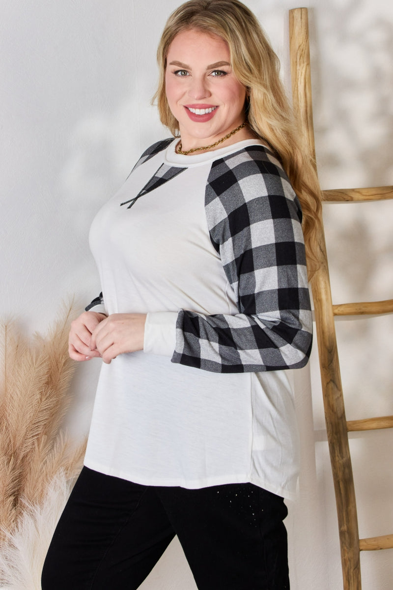 Hailey & Co Full Size Plaid Raglan Sleeve Round Neck Blouse