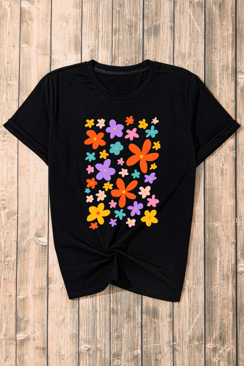 Flower Graphic Round Neck Short Sleeve T-Shirt