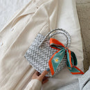Contrast Woven Handbag with Ribbon