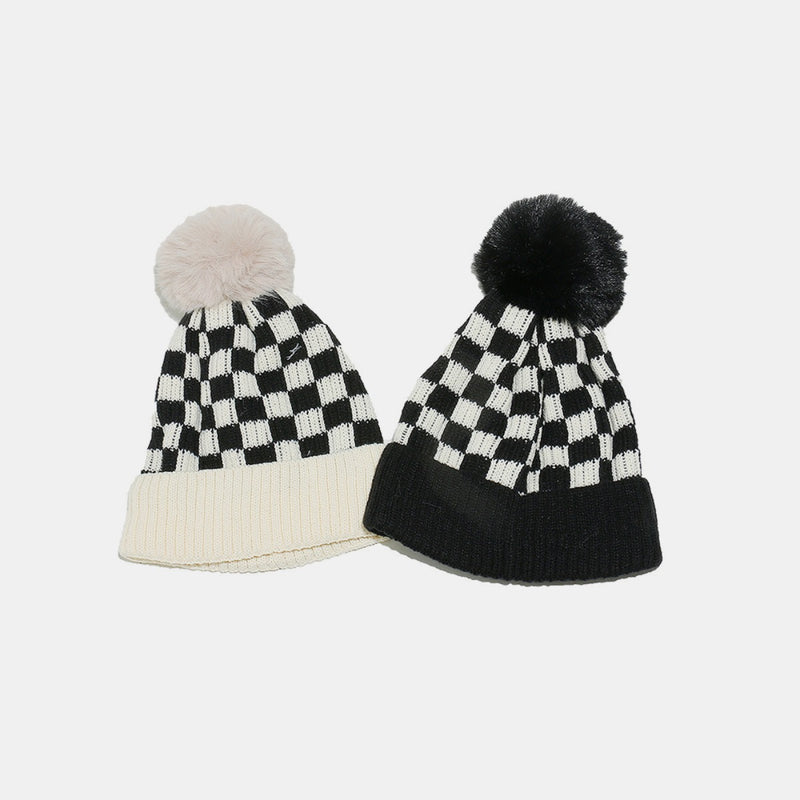 Checkered Knit Hat with Pompom