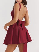 Backless Bow Detail Square Neck Mini Dress