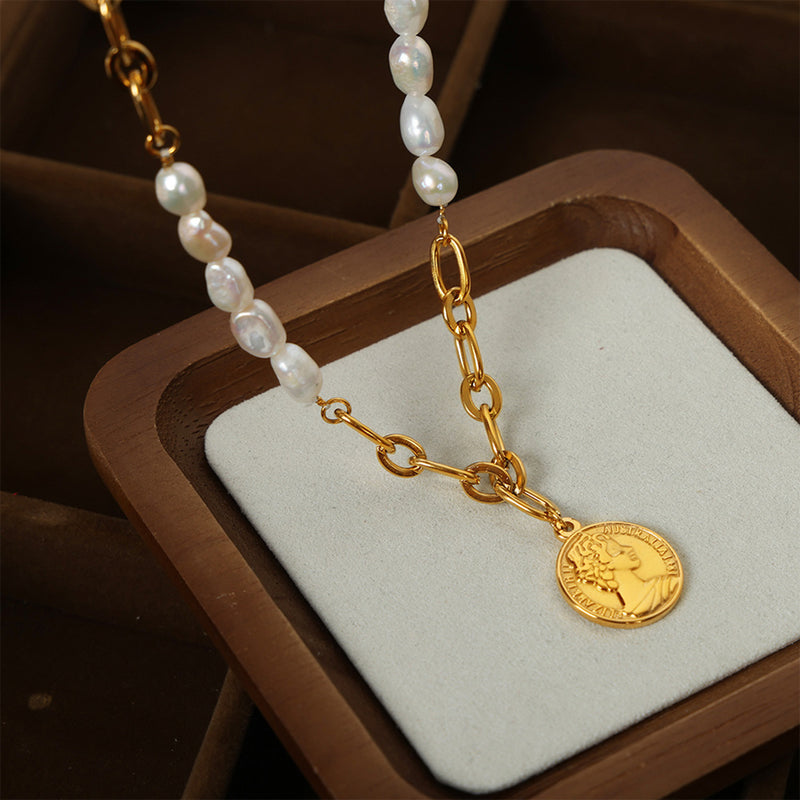 Coin pendant Pearl Titanium Steel Necklace
