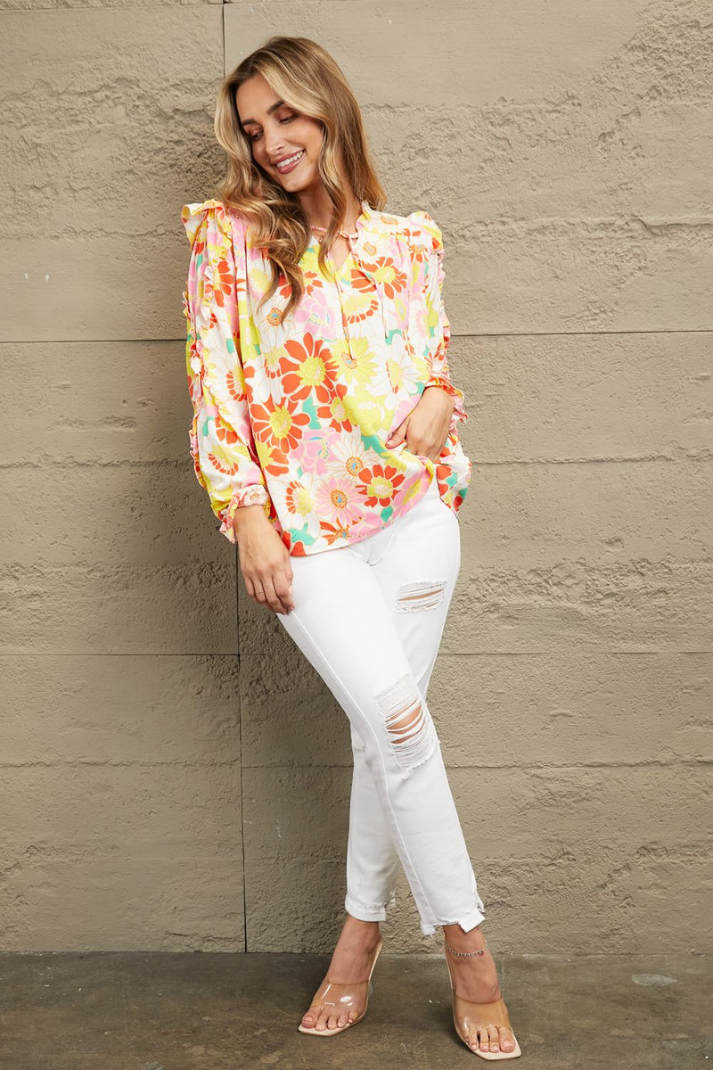 Double Take Floral Tie Neck Ruffled Blouse