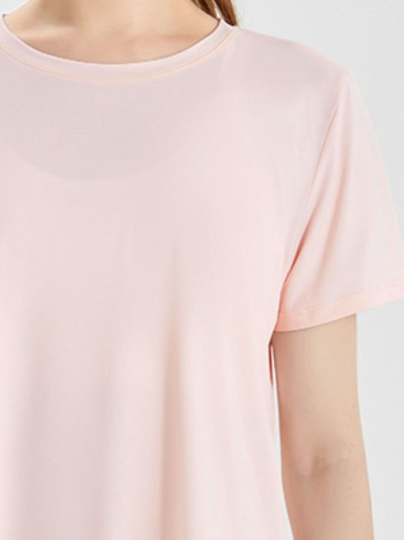 Slit Round Neck Short Sleeve Active T-Shirt