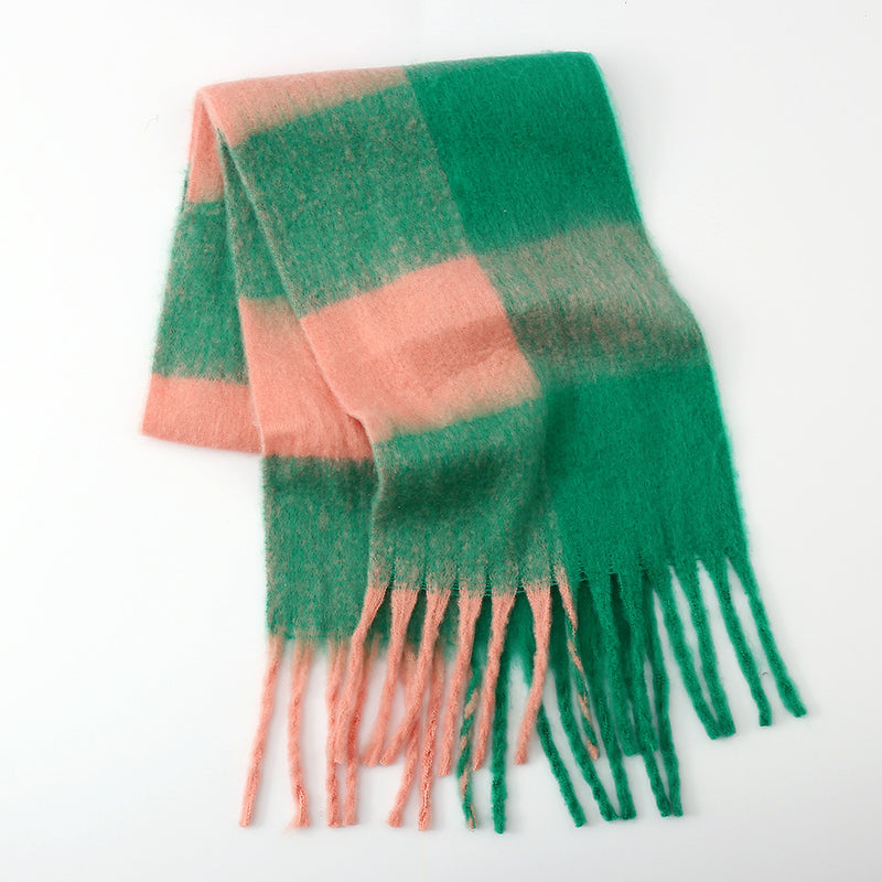 Fringe Contrast Plaid Polyester Scarf