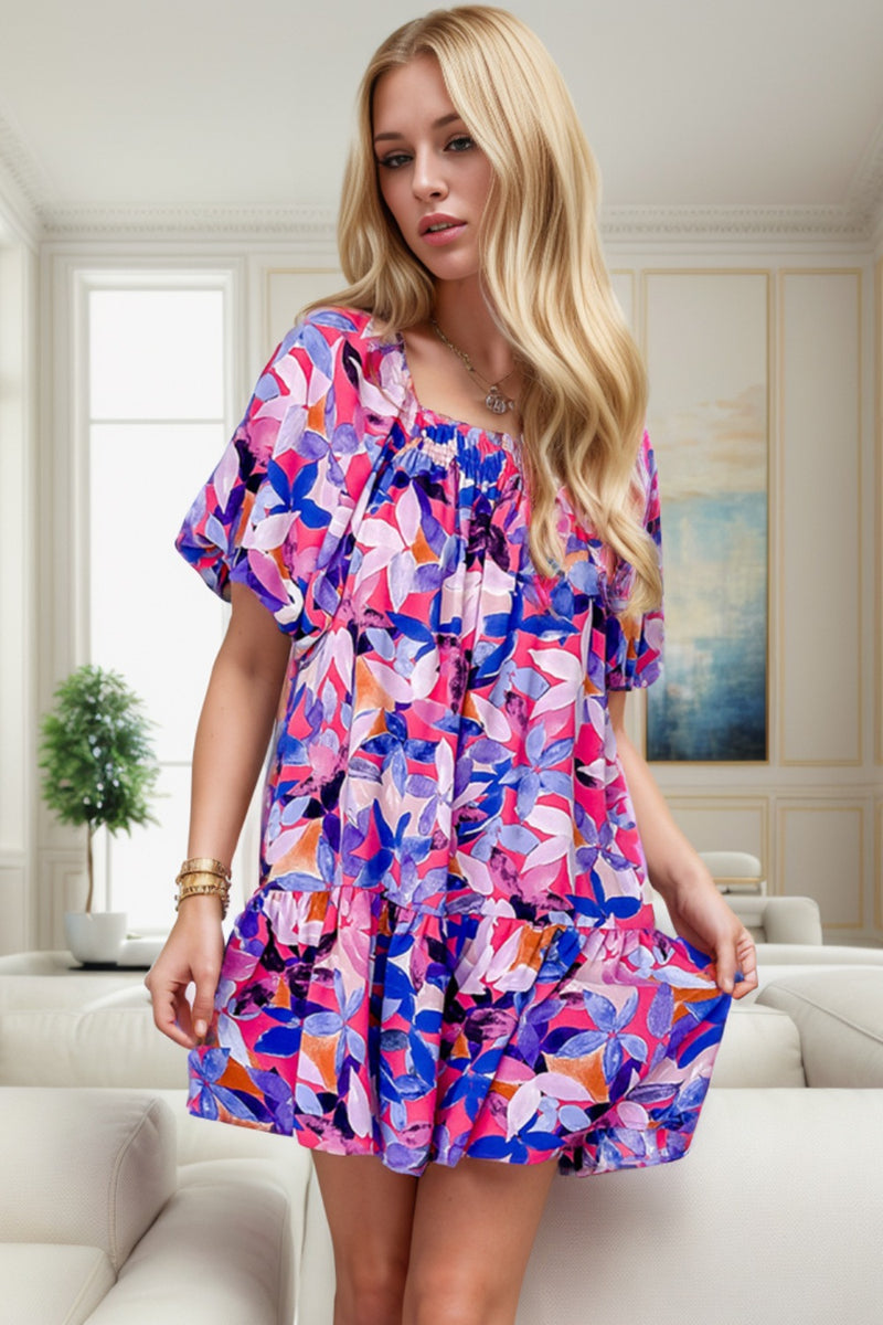 Printed Square Neck Short Sleeve Mini Dress