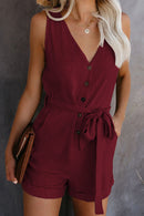 Full Size Tied V-Neck Sleeveless Romper with Pockets