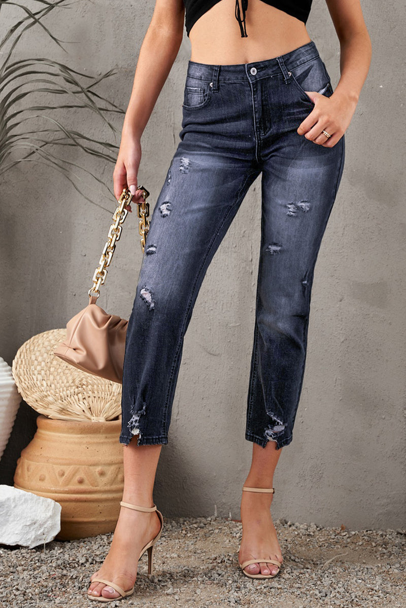 Baeful Distressed Hem Detail Cropped Jeans