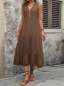 Decorative Button Notched Sleeveless Dress