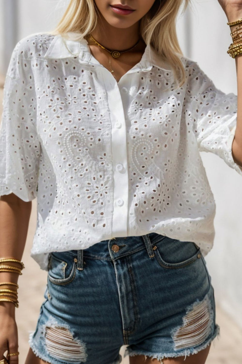 Eyelet Button Up Half Sleeve Shirt