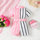 Striped Two-Tone Short Sleeve Tie Waist Romper