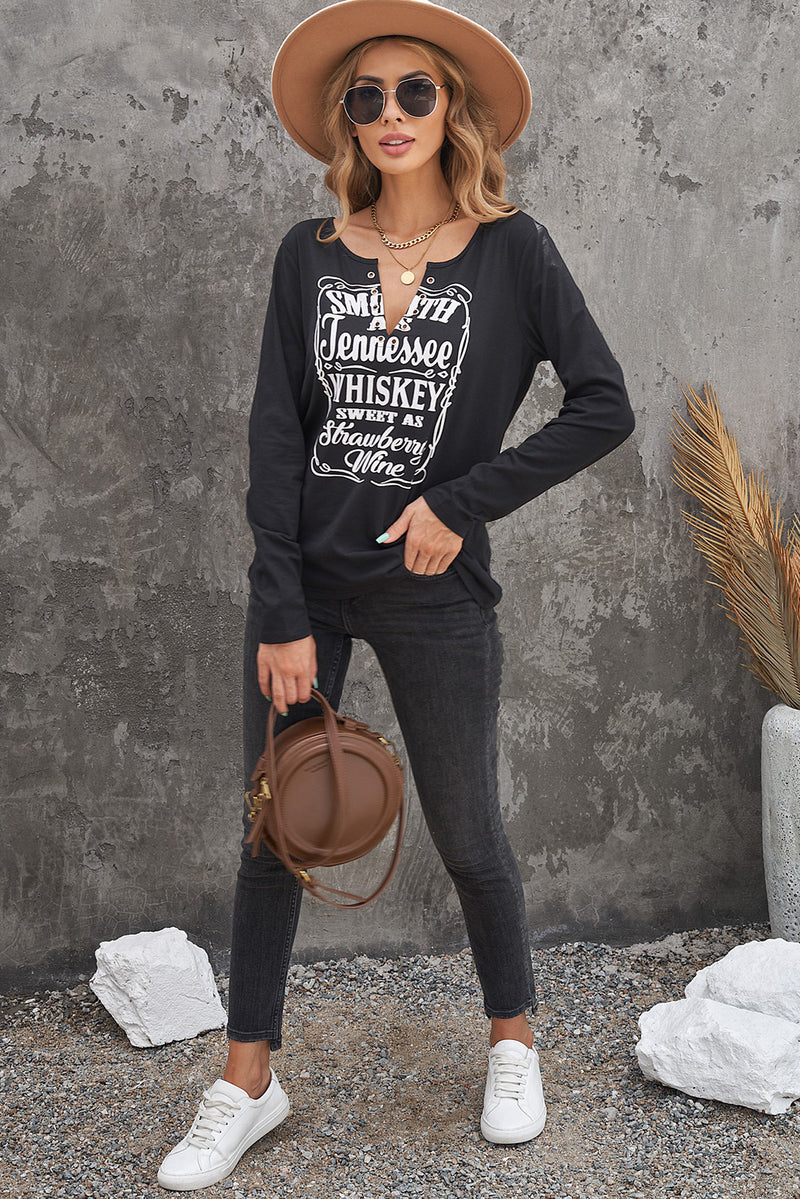 Letter Graphic Notched Long Sleeve T-Shirt