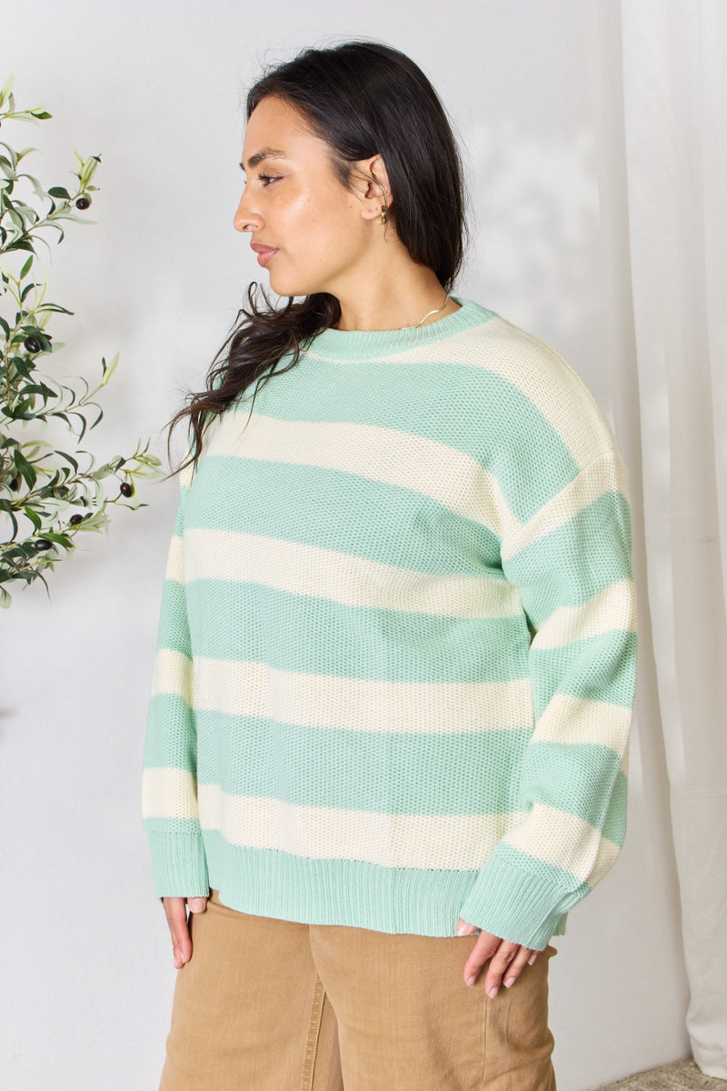 Sew In Love Full Size Contrast Striped Round Neck Sweater