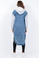 American Bazi Contrast Longline Hooded Denim Jacket