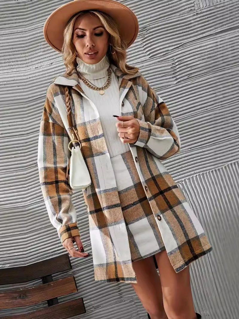 Plaid Button Up Long Sleeve Coat and Skirt Set