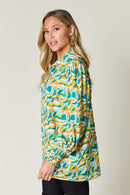 Double Take Full Size Printed Smocked Long Sleeve Blouse