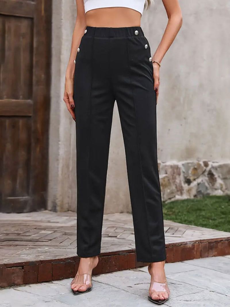 Decorative Button Elastic Waist Pants