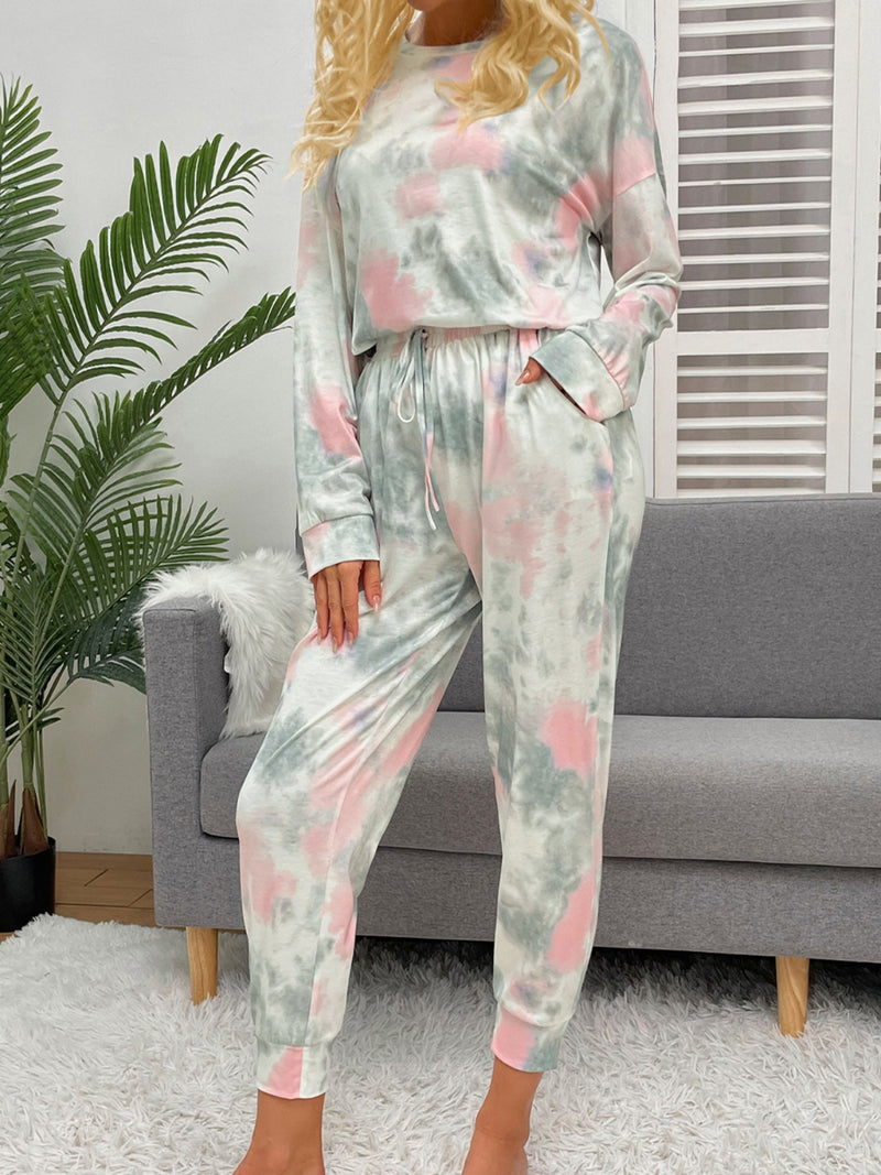 Shiny Tie-Dye Round Neck Top and Drawstring Pants Lounge Set