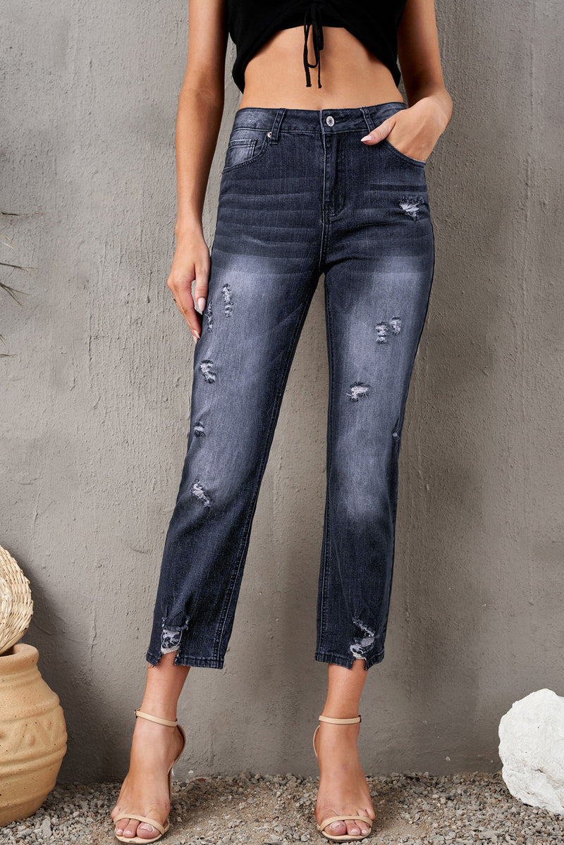 Baeful Distressed Hem Detail Cropped Jeans