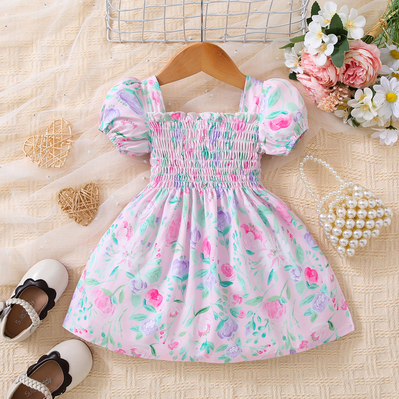 Baby Girl Floral Ruffle Trim Smocked Dress