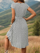 Printed Cap Sleeve Tie Waist Dress