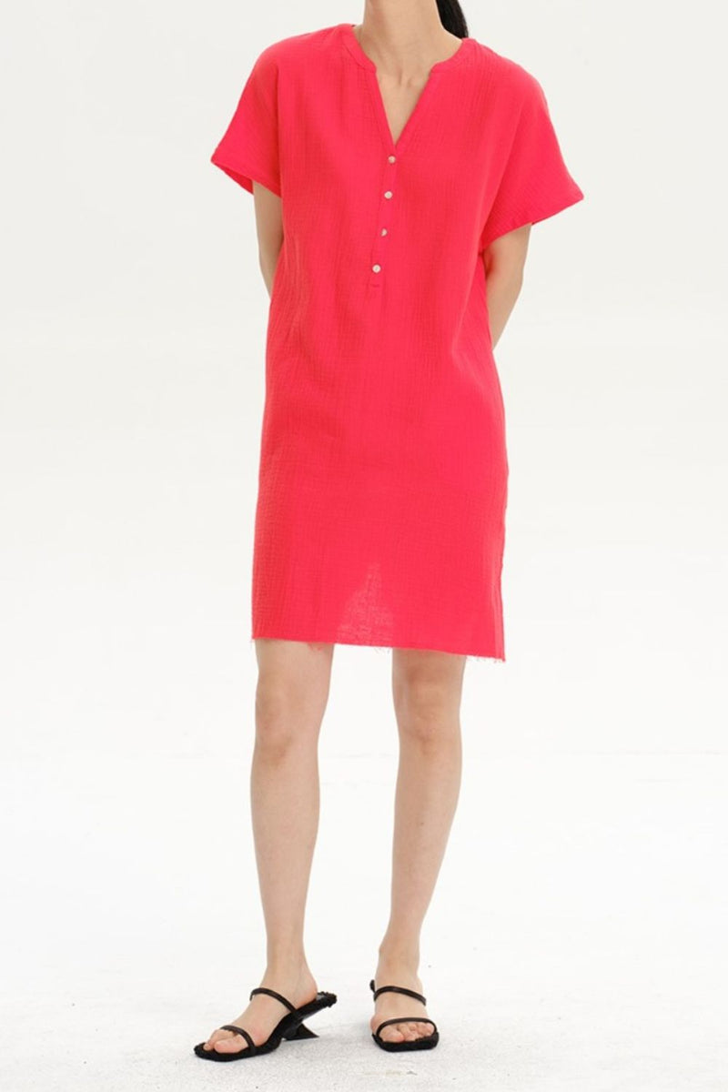 Slit Notched Short Sleeve Mini Dress