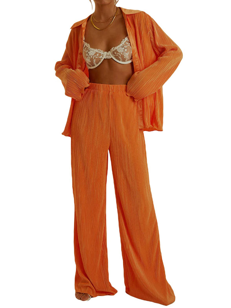 Collared Neck Long Sleeve Top and Pants Lounge Set