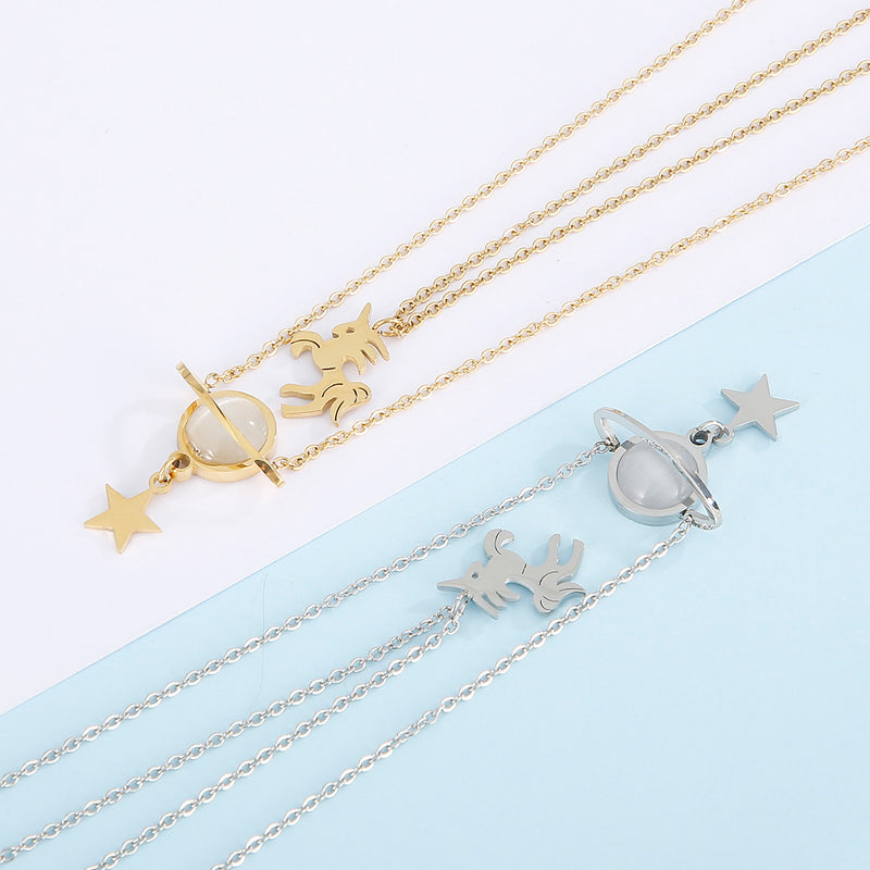 Unicorn and Star Shape Double-Layered Pendant Necklace
