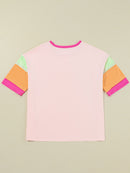 Letter Graphic Color Block Round Neck Half Sleeve T-Shirt