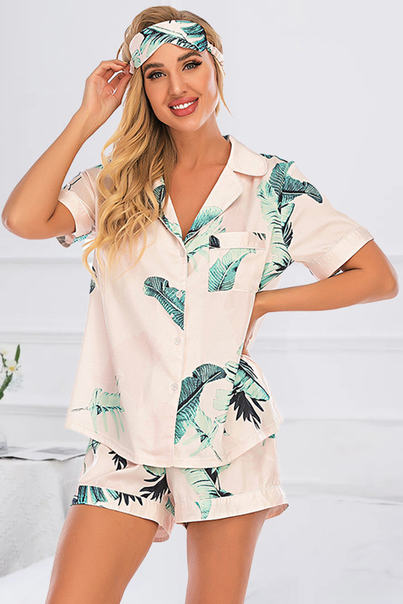Printed Button Up Short Sleeve Top and Shorts Lounge Set
