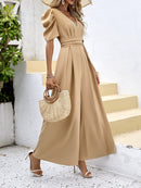 V-Neck Short Sleeve Wide Leg Jumpsuit