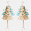 Wood Cotton Cord Brass Angel Dangle Earrings