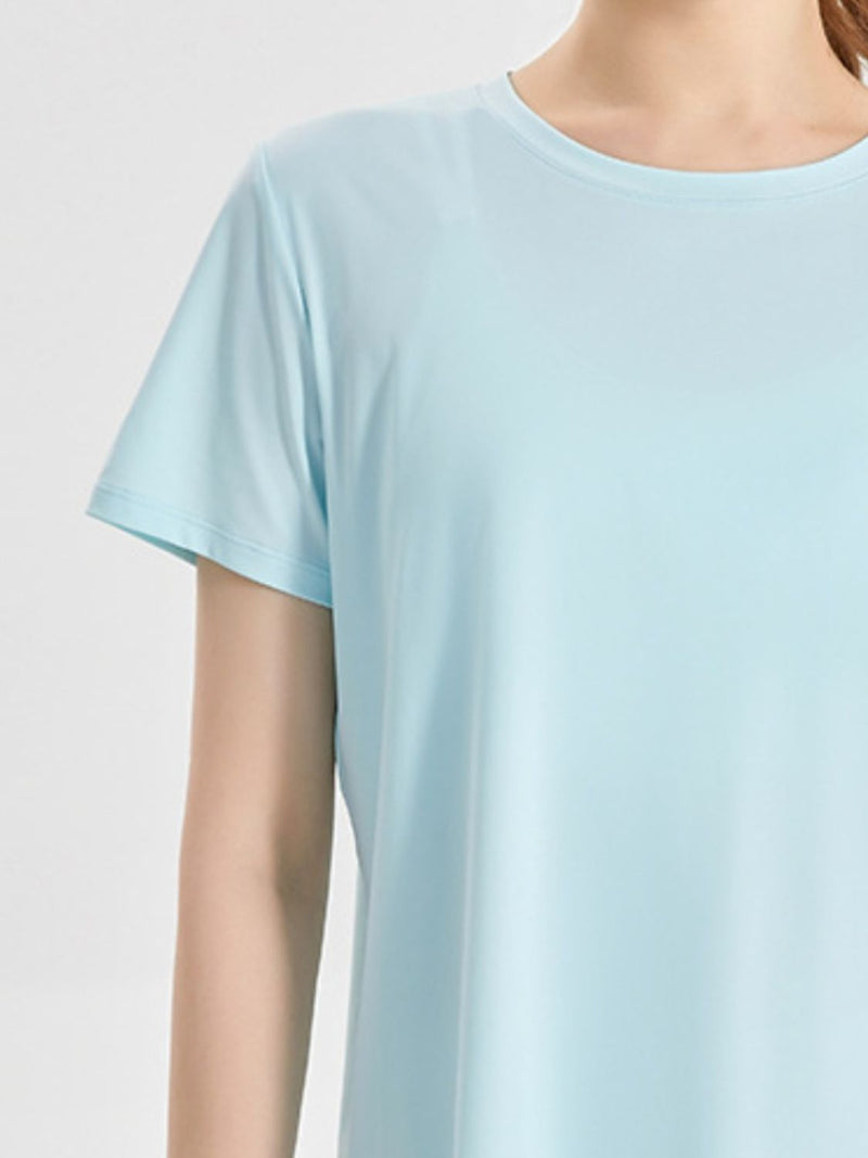 Slit Round Neck Short Sleeve Active T-Shirt