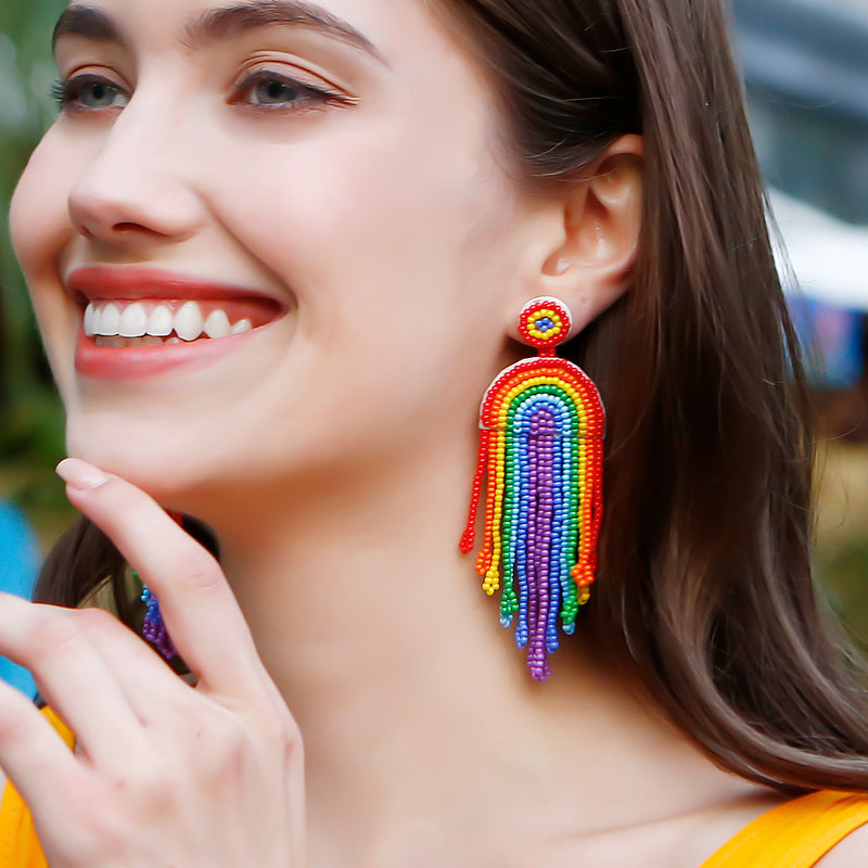 Bead Stainless Steel Rainbow Dangle Earrings