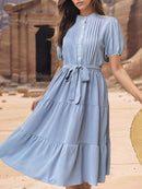 Tie Waist Puff Sleeve Midi Dress