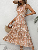 Frill Cutout Printed Round Neck Sleeveless Dress