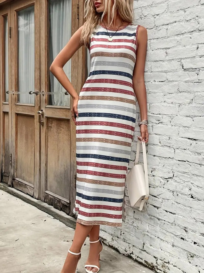 Slit Striped Round Neck Tank Dress