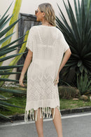 Double Take Eyelet Fringe Hem Longline Knit Cover Up