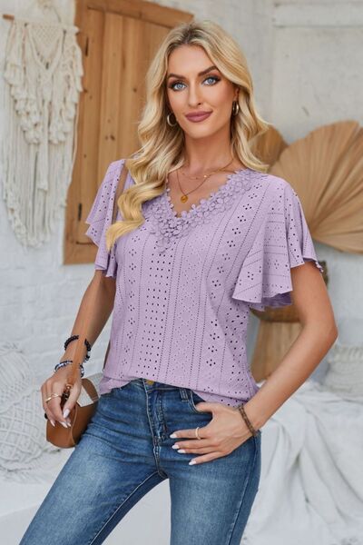 Eyelet Applique V-Neck Cap Sleeve T-Shirt