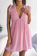 Swiss Dot Deep V Ruffle Shoulder Mini Dress