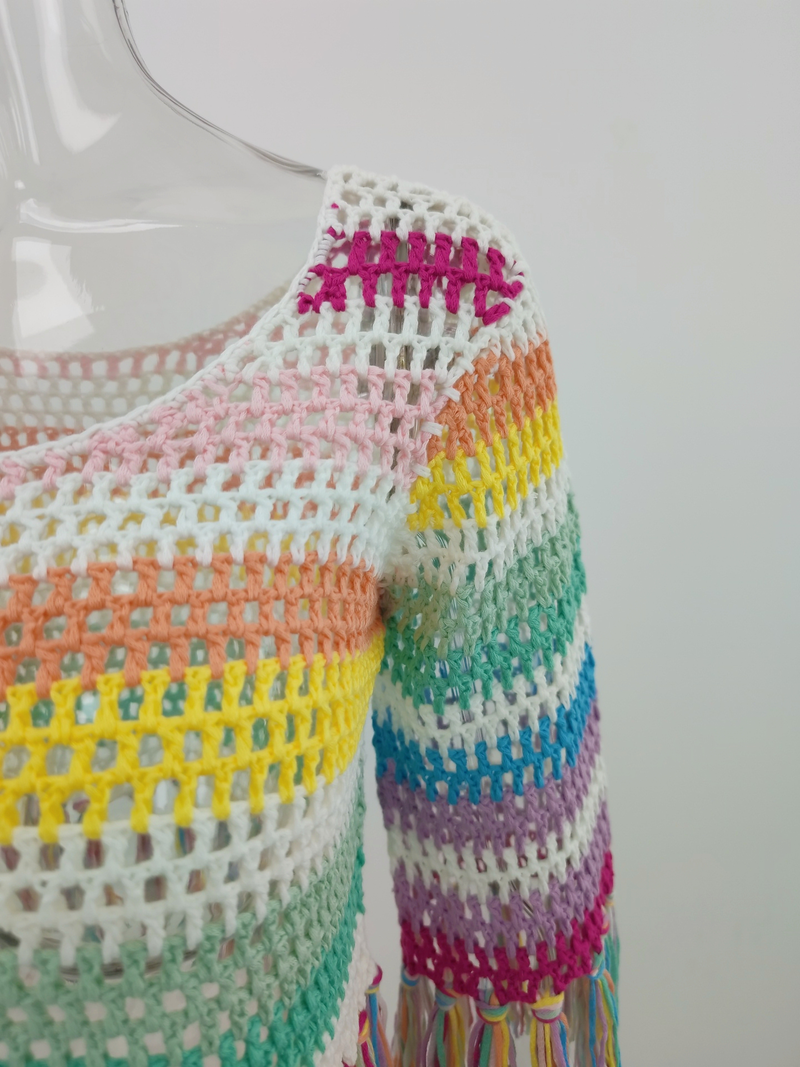 Women's Colorblock Crochet Tassel Beach Cover-Ups