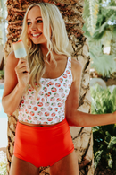 Orange Square Neck Sleeveless Fashion Print Tankini Set