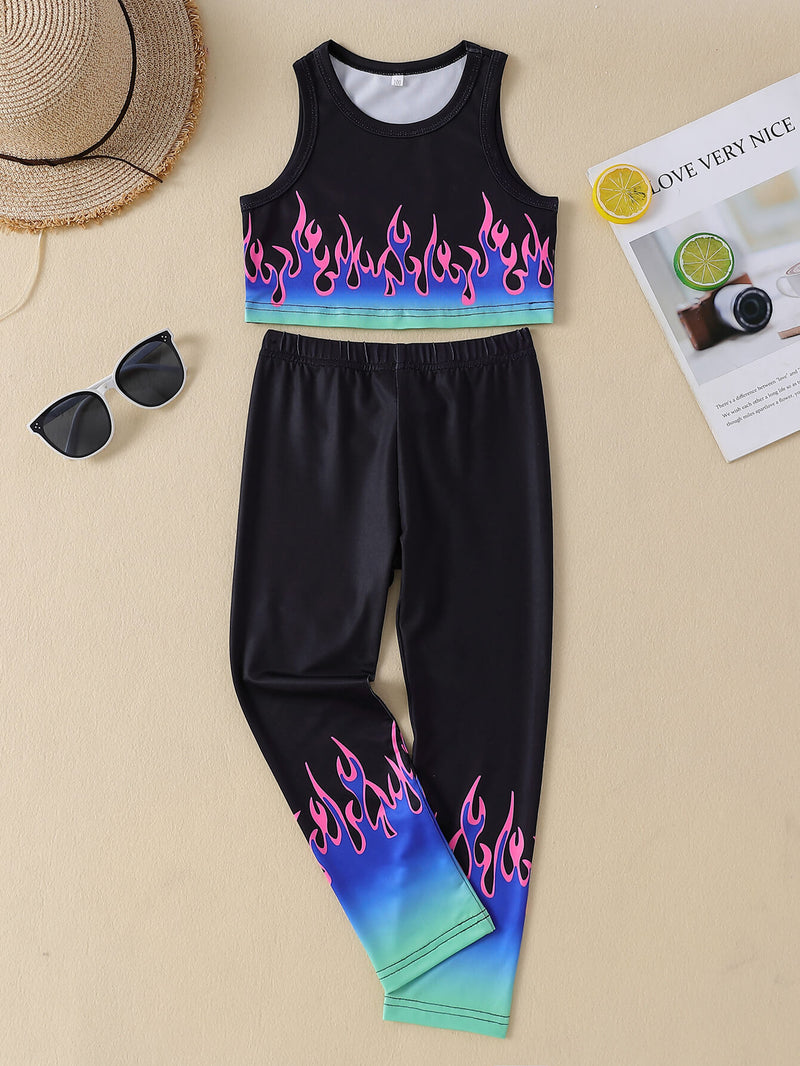 Girls Flame Print Cropped Tank and Pants Set