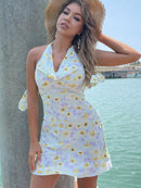 Floral Halter Neck Zip-Back Mini Dress