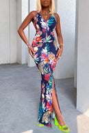 Floral Ruched Front Slit Surplice Maxi Dress