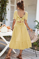 Plaid Cutout Square Neck Smocked Dress